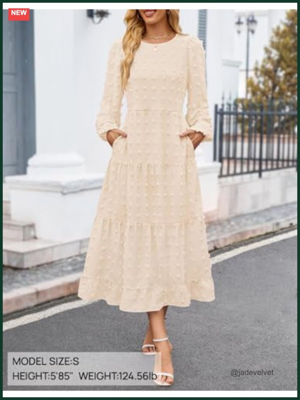 Women's Long Sleeve Swiss Dot Maxi Dress Wedding Guest A-Line Tiered Puff Sleeve - Picture 2 of 6